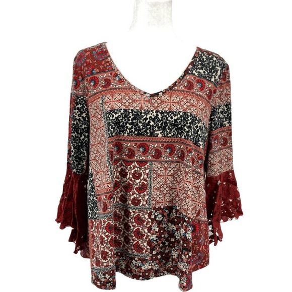 Roommates Boho Flowy Mixed Floral Print Lace Ruffle Bell Sleeve Tops - Picture 10 of 16
